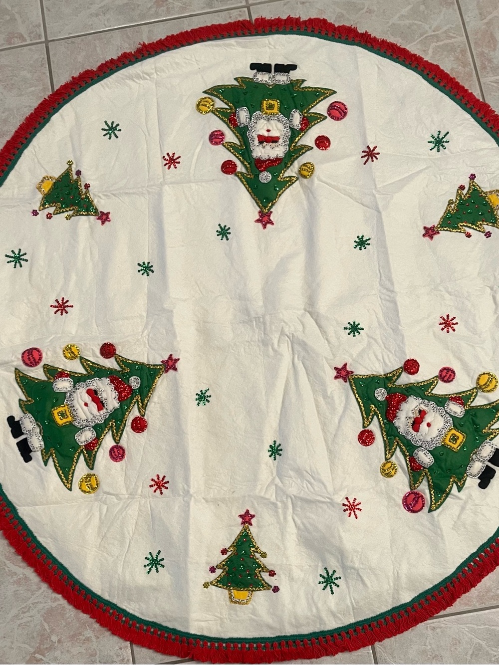 Festive Bucilla White and Green Santa Tree Holiday Tree Skirt